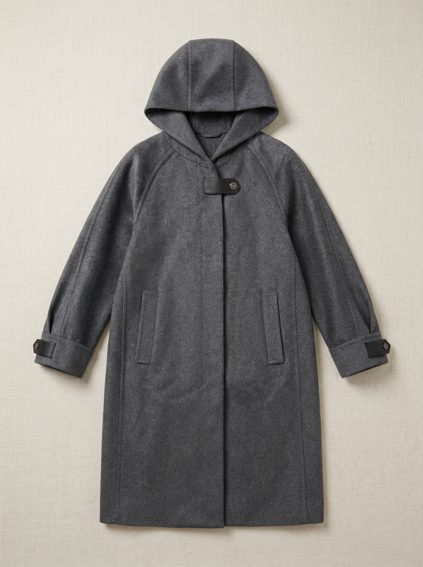 100% Cashmere Hooded Coat with Leather Accents