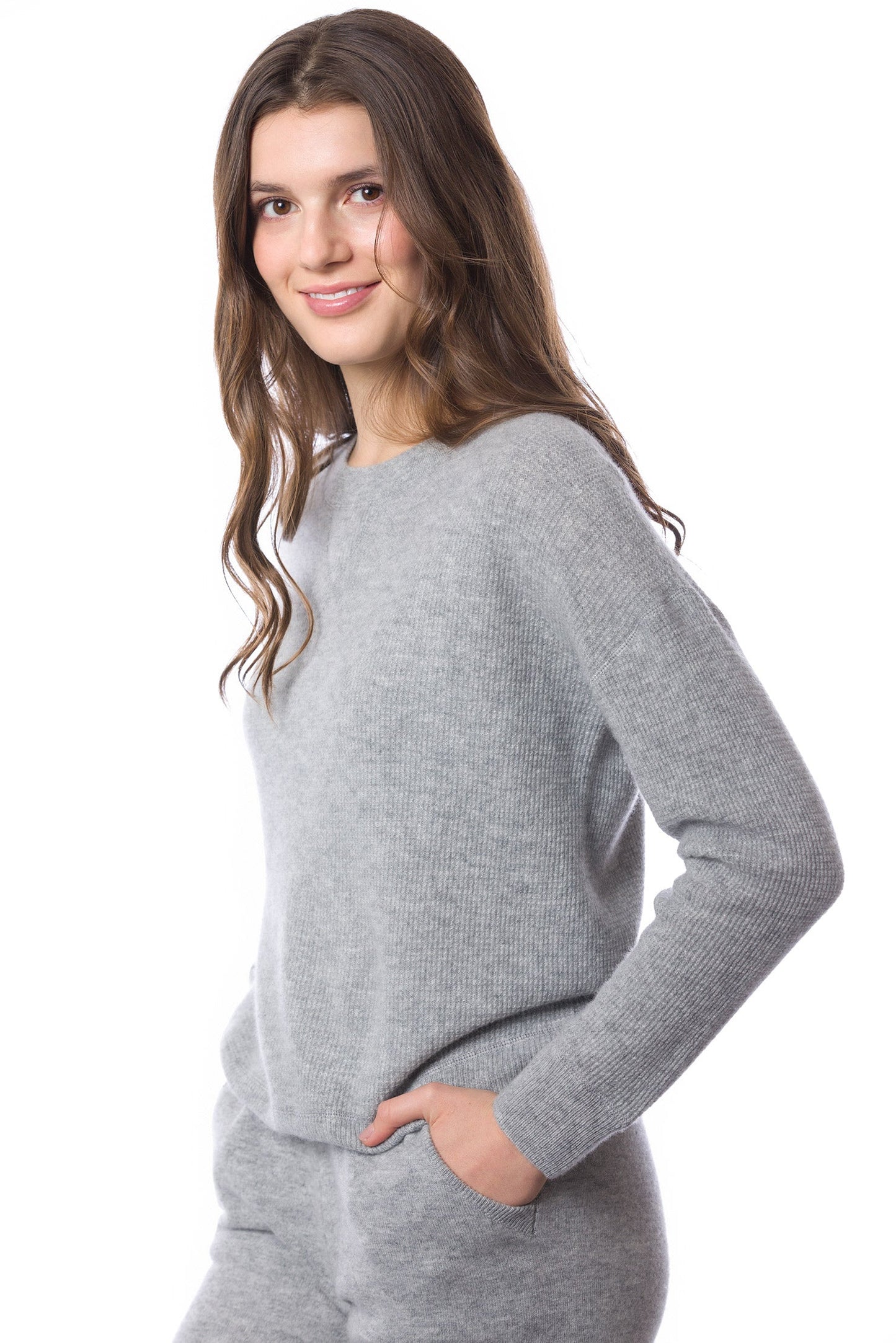Sustainable Cashmere Waffle Knit Sweatshirt - Heather Grey