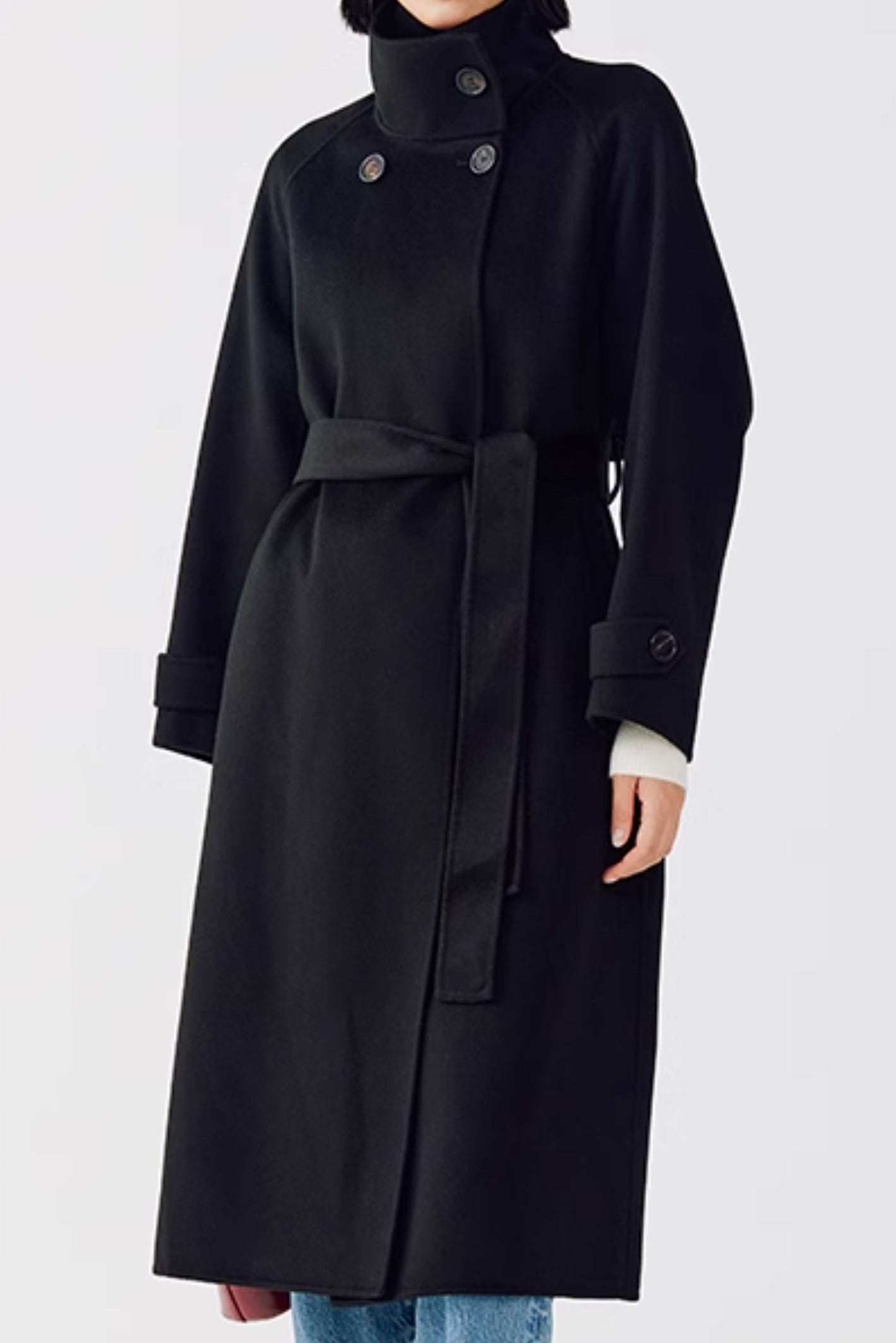 Women's Long Wool Coat – Convertible Stand Collar and Notched Lapel, Crafted from Premium Cashmere for Fall and Winter