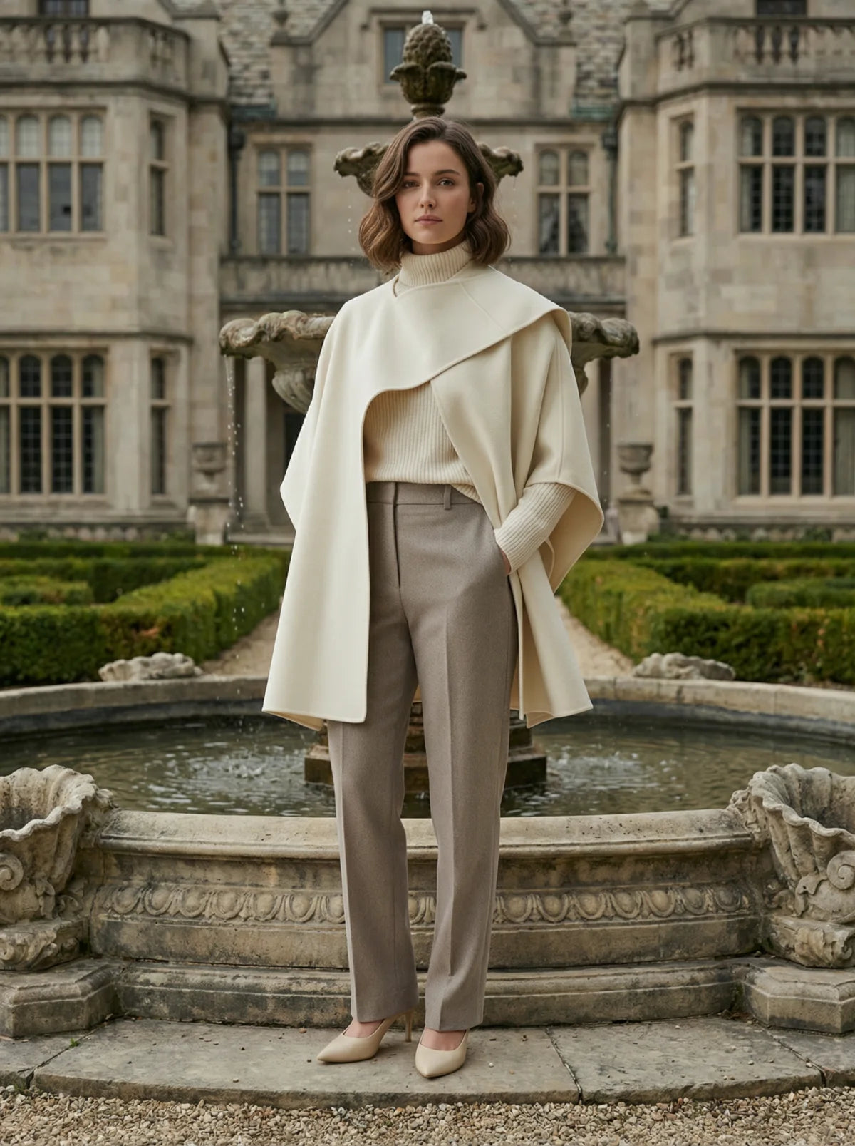 100% Cashmere Cape Coat with Integrated Scarf