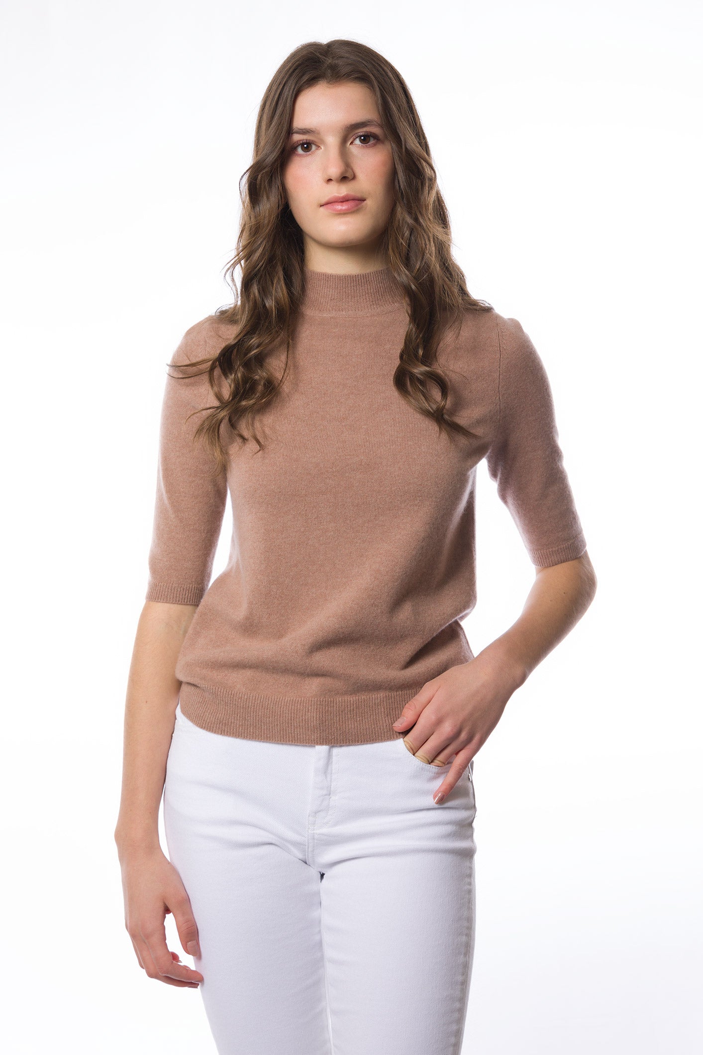 Pull col montant à manches mi-longues en cachemire durable-Camel