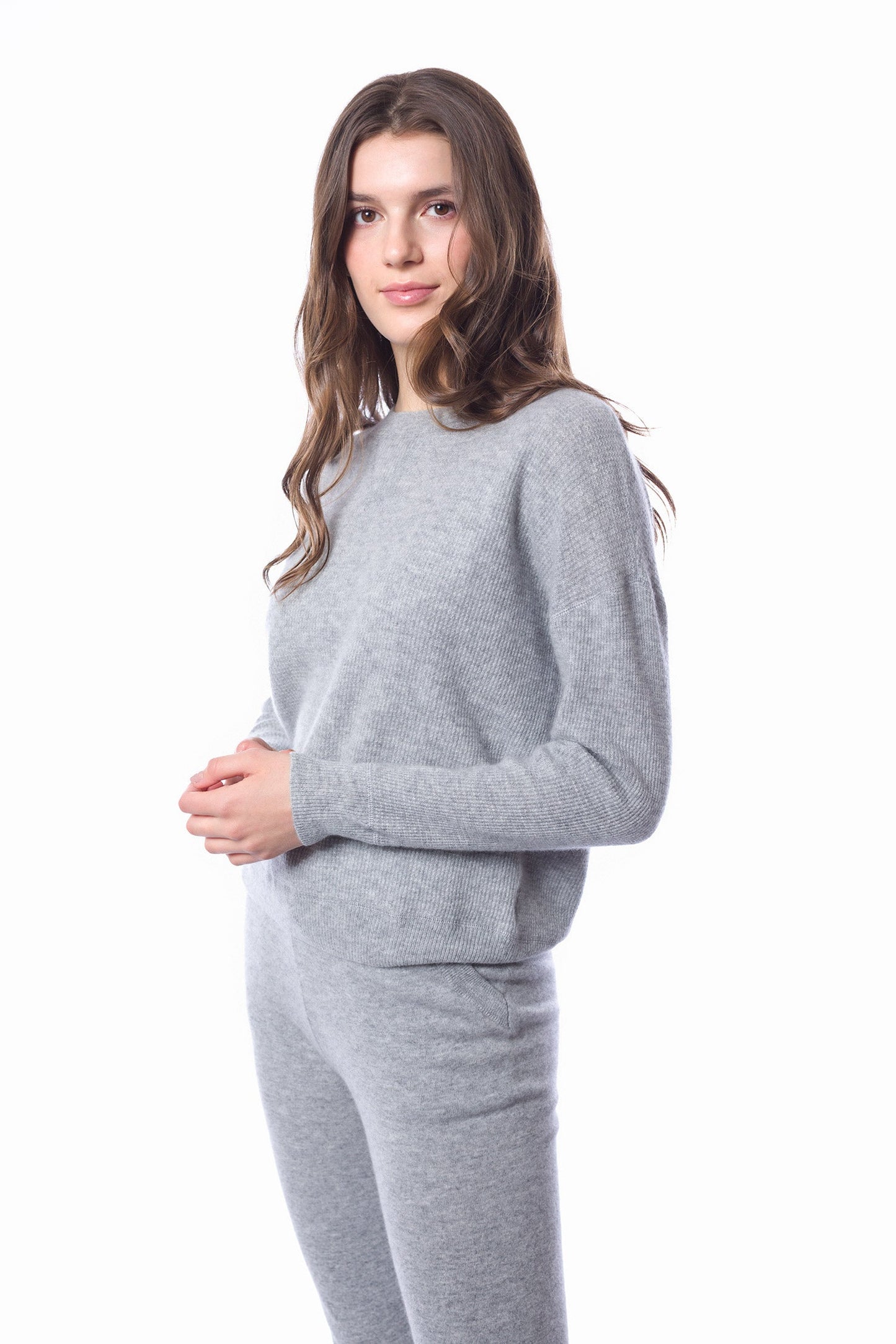 Sustainable Cashmere Waffle Knit Sweatshirt - Heather Grey