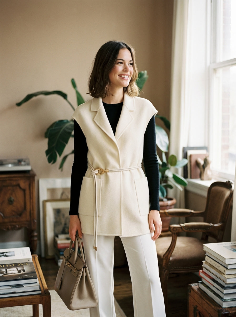 100% Pure Cashmere Vest with Double-Cord Metal Accent
