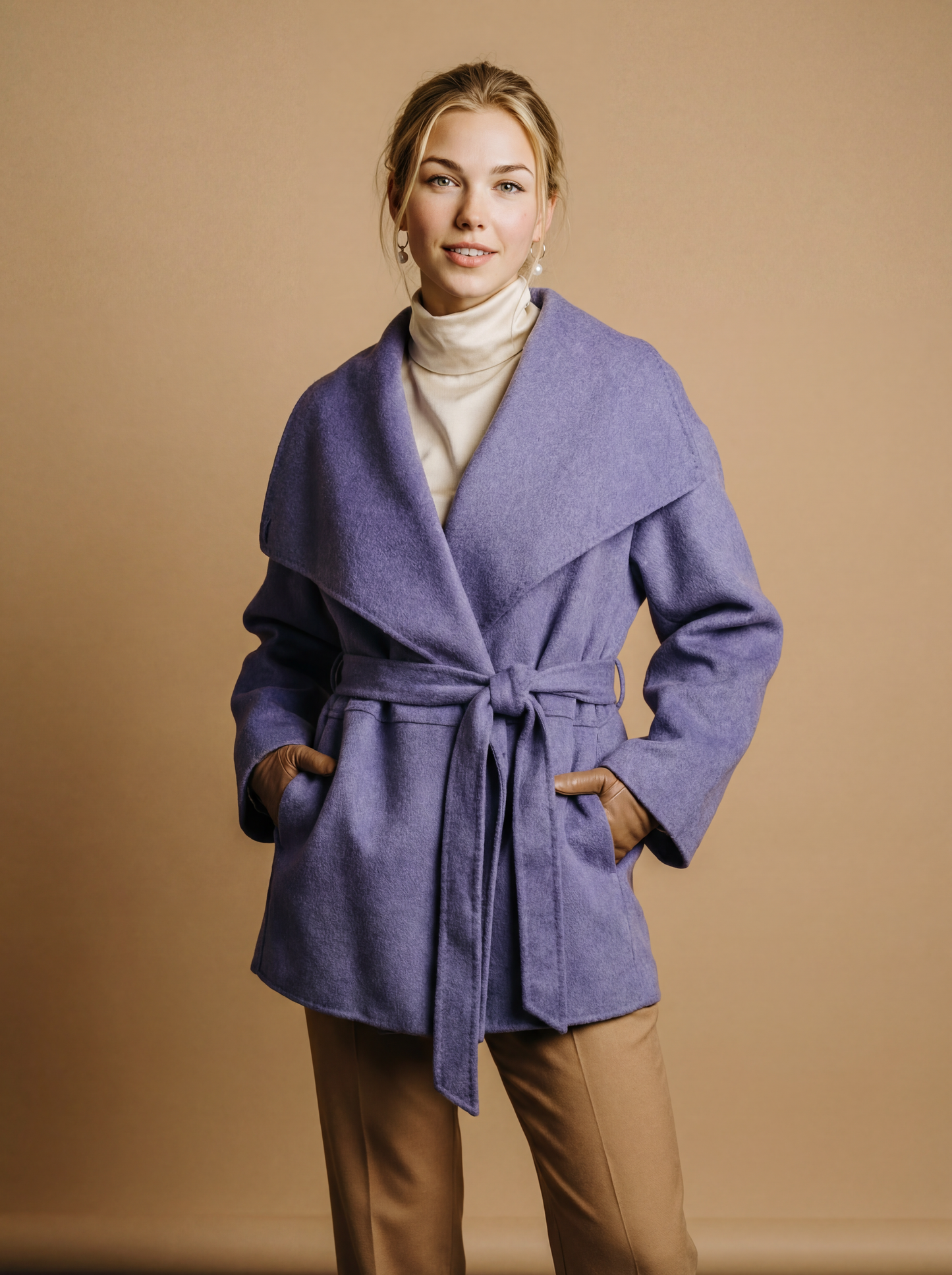 100% Cashmere Wrap Coat with Oversized Lapel