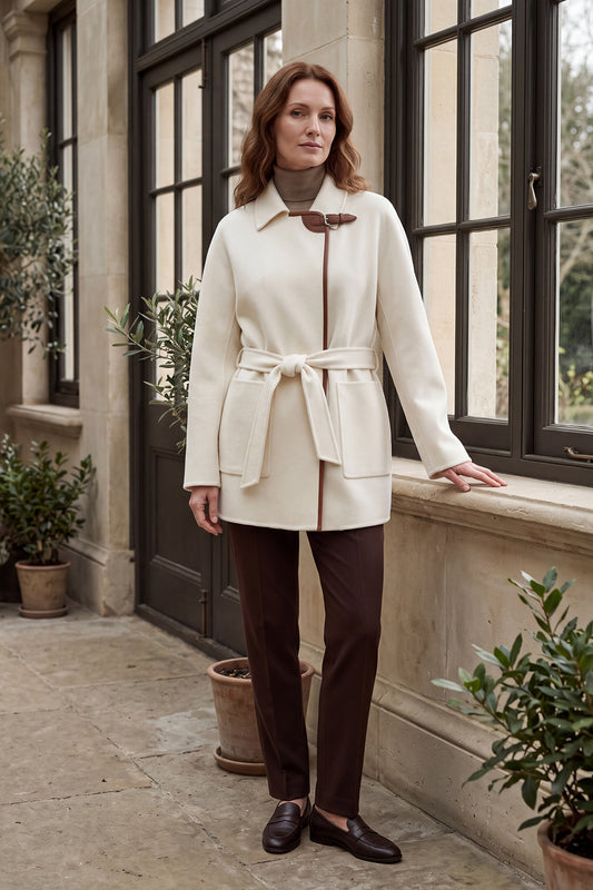 100% Cashmere Cape Coat with Coffee Brown Lambskin Trim