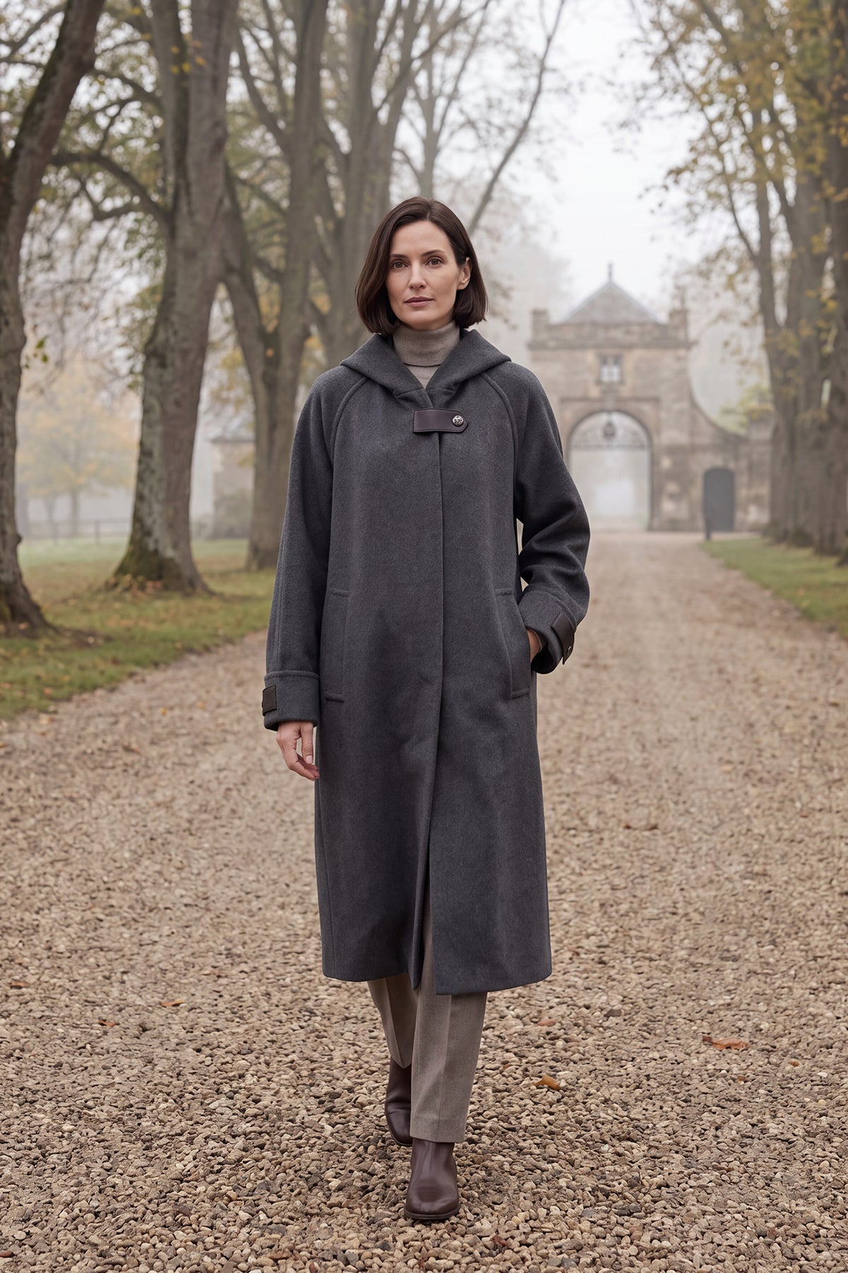 100% Cashmere Hooded Coat with Leather Accents
