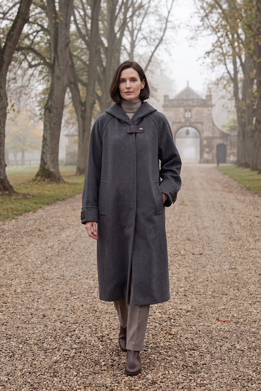 100% Cashmere Hooded Coat with Leather Accents