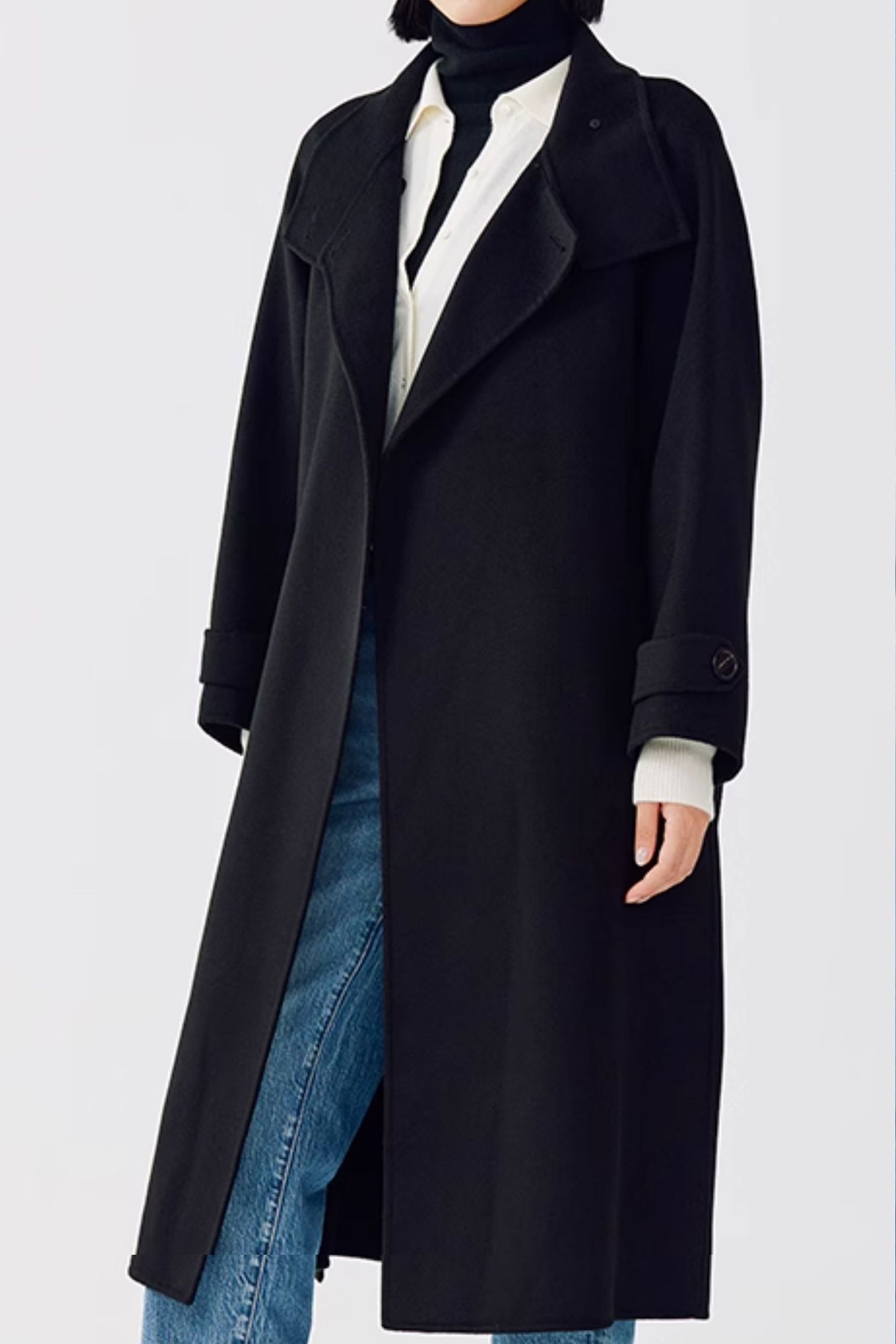 Women's Long Wool Coat – Convertible Stand Collar and Notched Lapel, Crafted from Premium Cashmere for Fall and Winter
