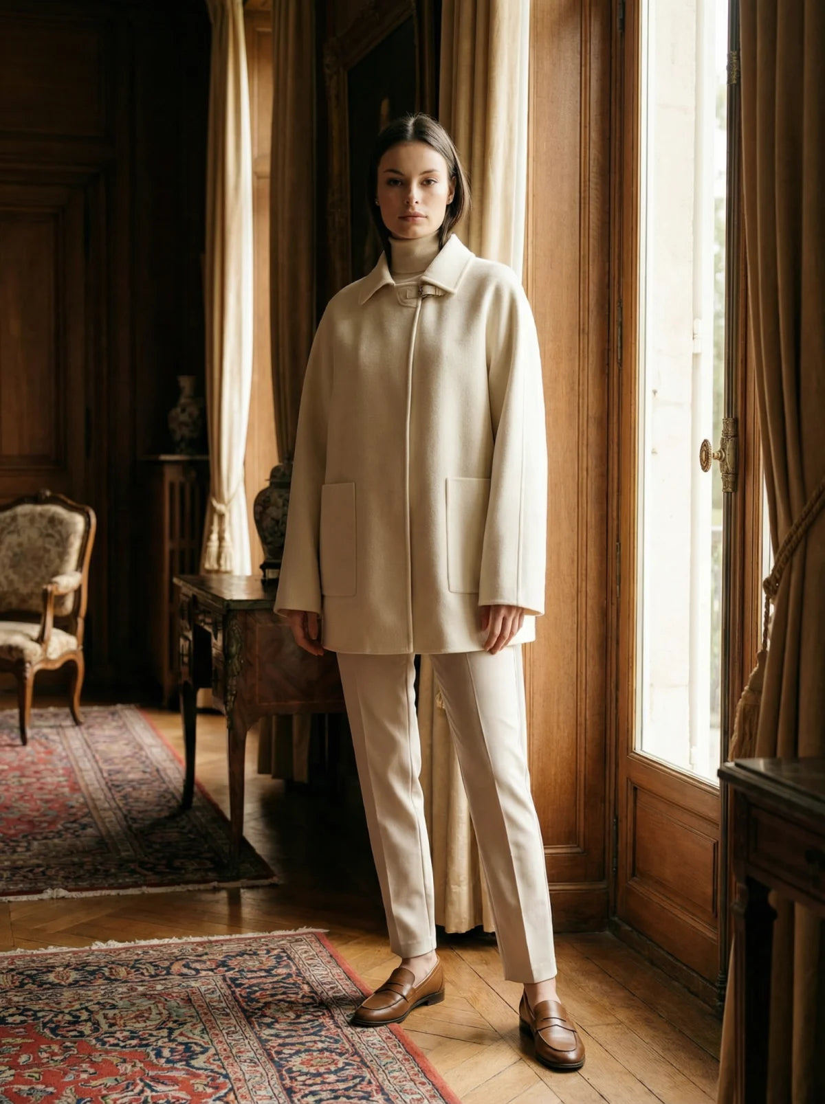 100% Cashmere Cape Coat with Lambskin Trim