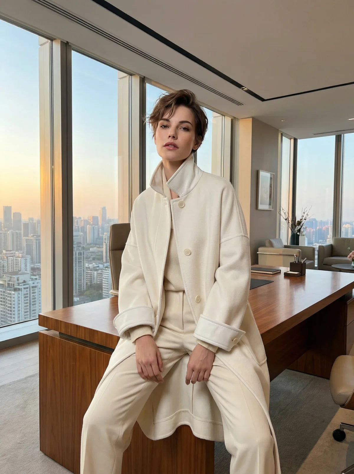 100% Cashmere Coat with Lambskin Trim