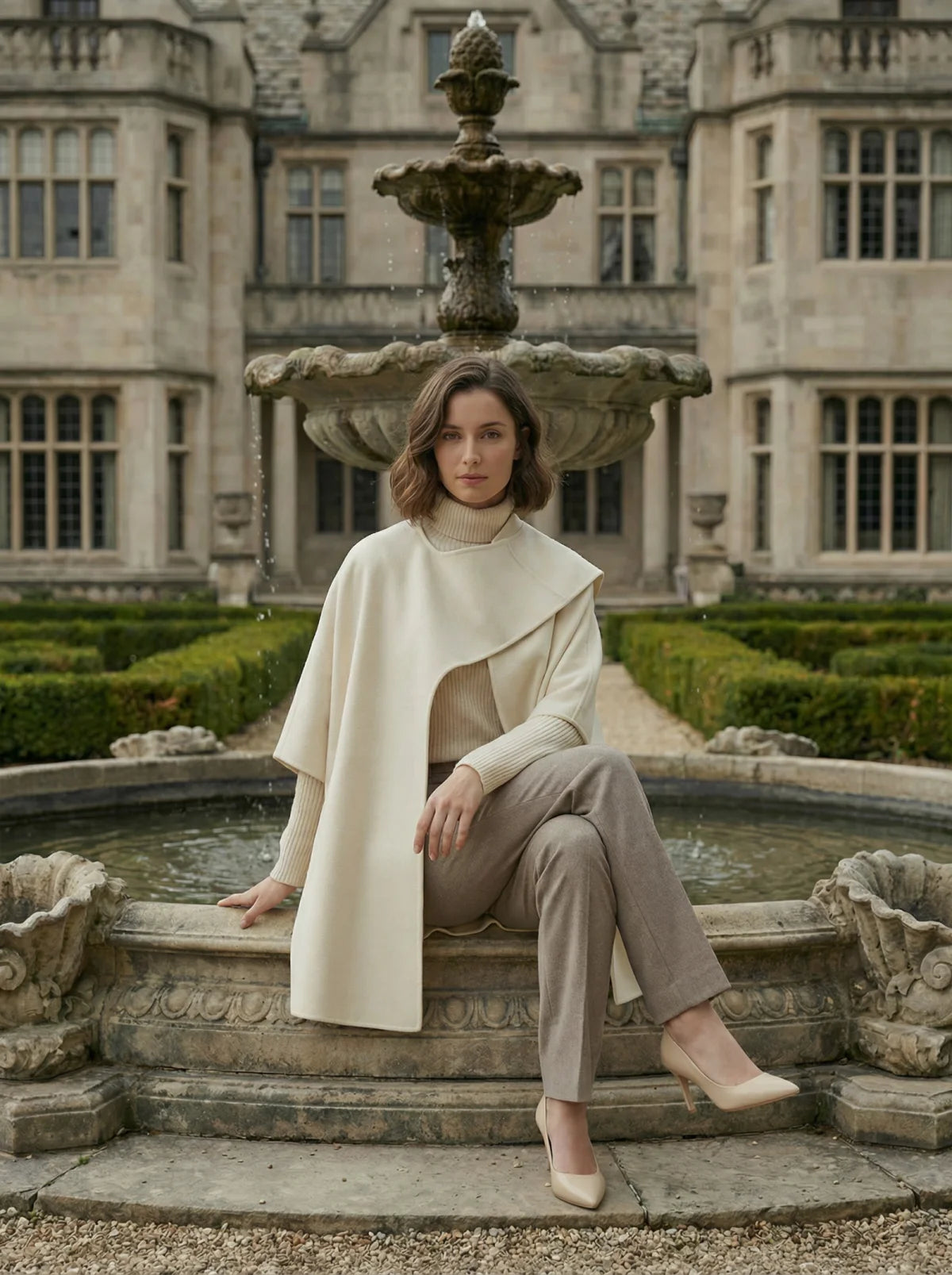 100% Cashmere Cape Coat with Integrated Scarf
