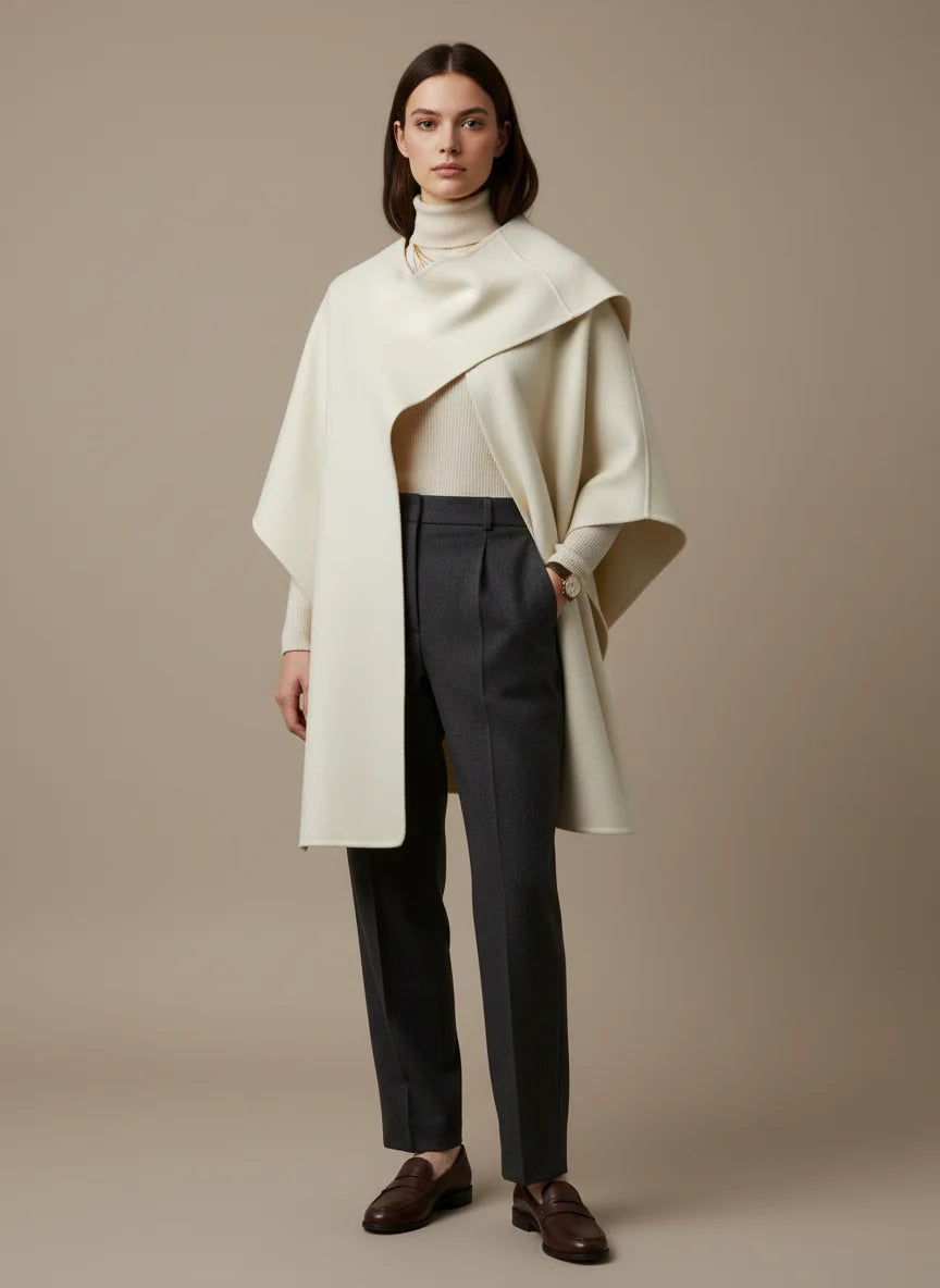 100% Cashmere Cape Coat with Integrated Scarf