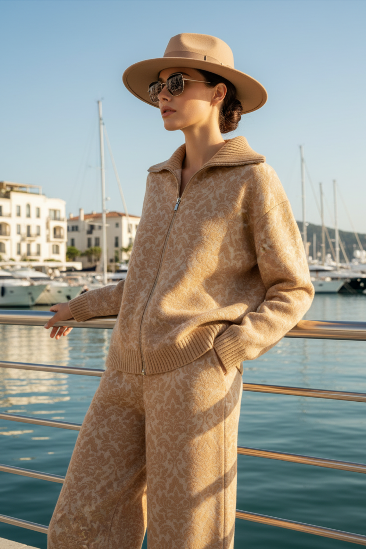 100% Cashmere Jacquard Zip-Up Knit Cardigan