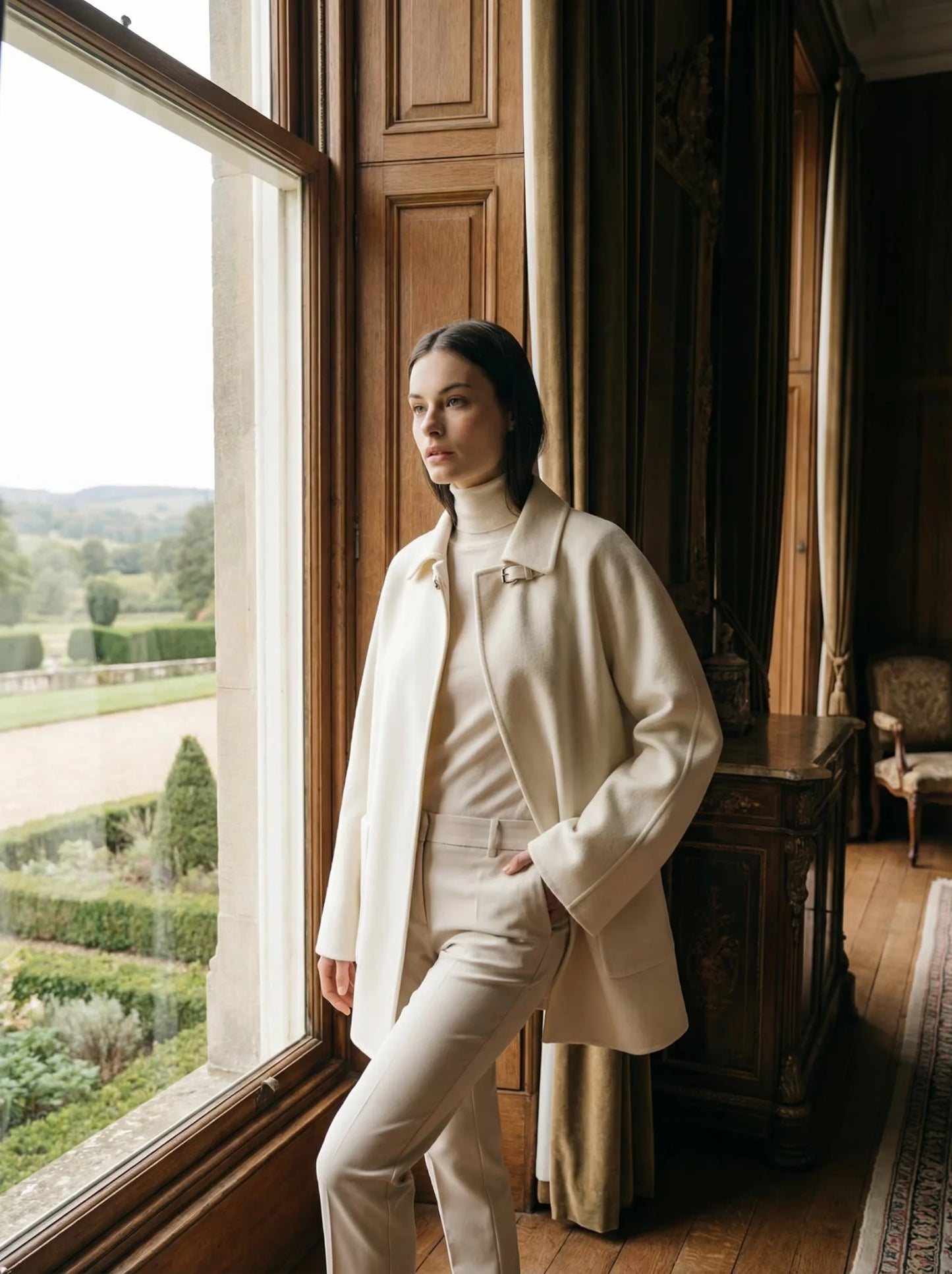 100% Cashmere Cape Coat with Lambskin Trim
