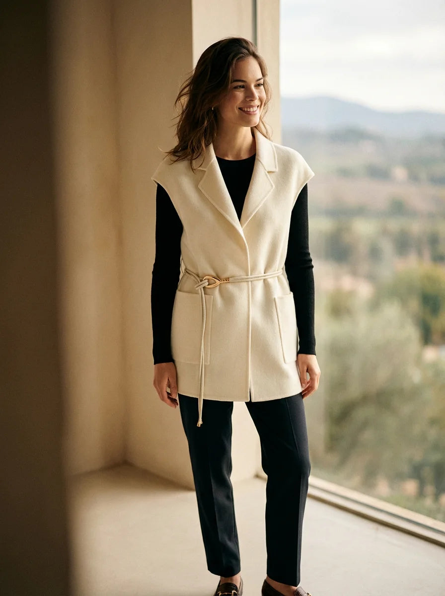 100% Pure Cashmere Vest with Double-Cord Metal Accent